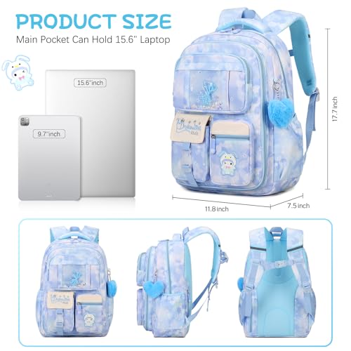 Jafeton Backpacks for Girls, Girls Backpack with Insulated Lunch Bag and Pencil Case for Kids Teens Elementary Middle High School Student, Cute Bow School Bag Travel Daypacks Book Bag Set - color: Blue