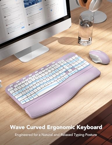 SABLUTE Wireless Keyboard and Mouse Combo with Ergonomic Wave Key | Leather Soft Palm Rest, 2.4G Full Size, 6-Button Mouse, 4-Level DPI, USB-A/C, MA12 Set for PC, Laptop, Windows, Mac (Purple) - color: Lavender Purple