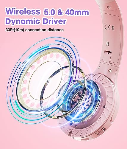 Kids Headphones Bluetooth 60H, Foldable On Ear Headphone with MIC, Volume Limiter 85dB/94dB Wireless & Wired Headphones, Over-Ear Headphone for Kid Adult School Online Class Travel, Pink