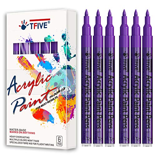 TFIVE Purple Marker Paint Pens - 6 Pack Acrylic Permanent Marker, 0.7mm Extra Fine Tip Waterproof Purple Paint Markers for Art Project, Rock, Ceramic, Glass, Wood, Plastic, Metal, Canvas, DIY Craft - color: Purple