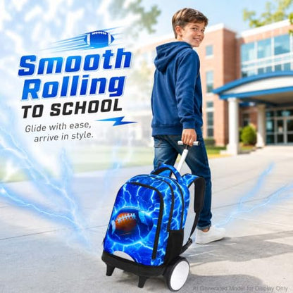 KLFVB Big Quiet-Glide Wheels Rolling School Backpack, 3-in-1 Roller Bag Set with Lunch Bag | Water-Resistant Wheeled Bookbag for Boys, Travel, Play - Lightning Rugby - color: Rolling Backpack With Big Wheels - Lightning Rugby