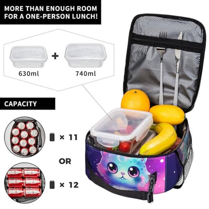 Galaxy Cute Cat Printed Insulated Lunch Box Portable Purple Lunch Bag with Detachable Handle,Reusable Lunchbox for Girls Boys Adults - color: Galaxy Cat