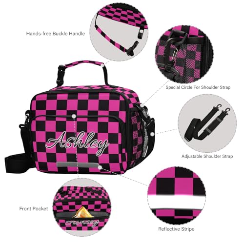 Custom Student Lunch Bag for Boys Girls Hot Pink and Black Checkered Personalized Lunch Box With Name Insulated Cooler Bag for School Picnic Travel - color: Multi14