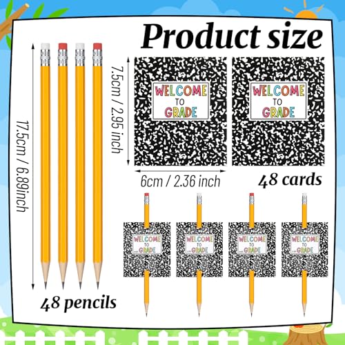 96 Pcs Inspirational Pencils Cards Gifts Composition Back to School Gifts for Students Including 48 Motivational Pencils 48 Composition Cards Welcome to Grade for Classroom Prize Reward(Classic)