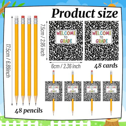 96 Pcs Inspirational Pencils Cards Gifts Composition Back to School Gifts for Students Including 48 Motivational Pencils 48 Composition Cards Welcome to Grade for Classroom Prize Reward(Classic)