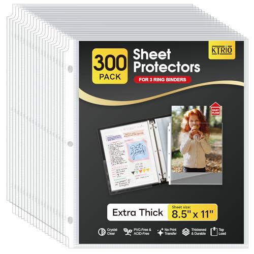 KTRIO Heavyduty Sheet Protectors 8.5 x 11 inch, Clear Page Protector for 3 Ring Binder, Plastic Sleeves for Binders, Top Loading Paper Sheets Document Sleeve Letter Size, Office & Home, 300 Pack