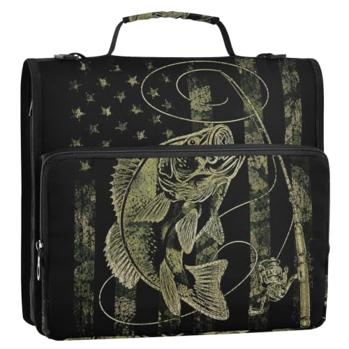 Bass Fish 3 Ring Zipper Binder Bag with Shoulder Strap for School | 2 Inch 3 Ring, Secure Zippered Closure, Organizer Pockets for Classification, Heavy Duty File Organizer - color: Bass Fish Flag Black
