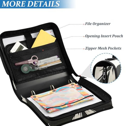 3 Ring Zipper Binder with Shoulder Strap Black White Bow 1.5 inch Binders Keeper Large Capacity Multi Pockets for School Office Supplies - color: Multi387, size: Fit 500 Sheets