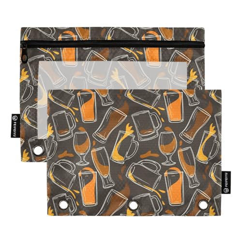 Beer Glasses Mugs Pencil Pouch for 3 Ring Binder, Three Hole Pencil Case for Binder Bulk Pencil Bag with Clear Window and Zipper for Office School College, 2 Pack, 9.84*7.08in - color: Multicolor 39