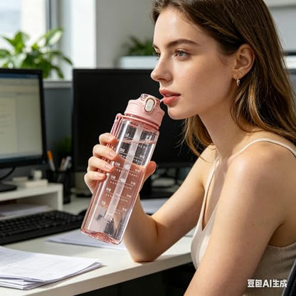 Motivational Time Marker Water Bottle, BPA-Free Leakproof Sports Water Bottle with Straw for Gym Fitness