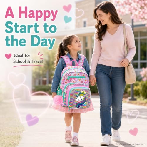 gxtvo 3PCS Girls Backpack, 16" Sequin Prechool Elementary Bookbag and Lunch Box - color: Reversible Sequins Unicorn Clip-on Backpack