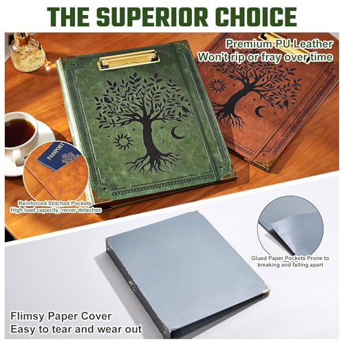 Ovesmusl 1 Inch 3 Ring Binder with Clipboard Leather Round Ring Binder with 5 Dividers, Plastic Folder, 400 Divider Stikers, Fits 175 Sheets 8.5"x11" Letter Size Paper, Tree of Life Green - color: Green Tree