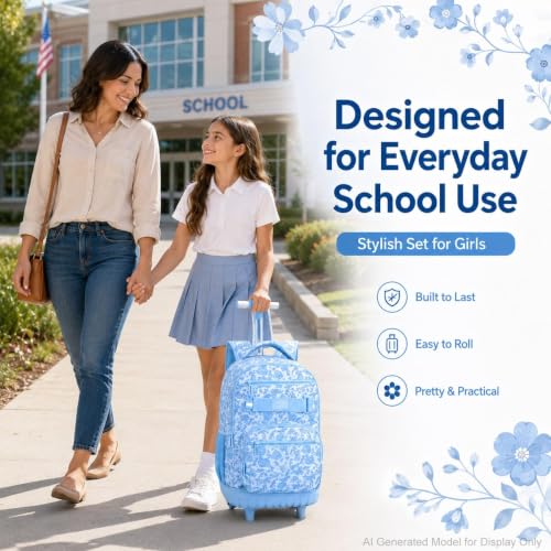 gxtvo Girls Backpack with Wheels, Women Roller Bookbag with Lunch Box for Adults, Water Resistant Wheeled School Bag for College Teens Kids Travel - Blue Flower - color: Girls Rolling Backpack Blue Flower