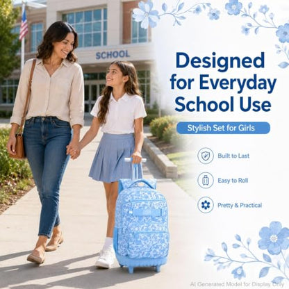 gxtvo Girls Backpack with Wheels, Women Roller Bookbag with Lunch Box for Adults, Water Resistant Wheeled School Bag for College Teens Kids Travel - Blue Flower - color: Girls Rolling Backpack Blue Flower