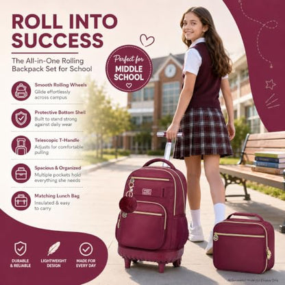 HPJGD 3PCS Girls Rolling Bookbag, Womens Wine Red School Backpacks with Wheels, Water Resistant Roller Kids Wheeled Bookbag Set - color: Classic Wine Red Rolling Backpack Set