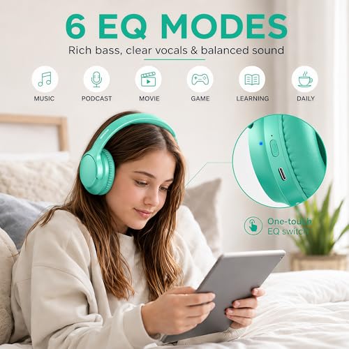 MIDOLA Bluetooth Headphones Over Ear, 68H Playtime Wireless Headphones with Microphone, 6 EQ Modes, HiFi Stereo Deep Bass, Foldable Lightweight Headset for Home Office, Cellphone, PC, Cyan - color: Cyan