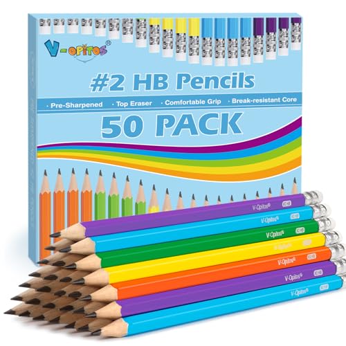 V-Opitos #2 Pre-Sharpened Wood-Cased Pencils, 50 Pack with Top Erasers | Bulk 2HB Pencils, Assorted Colors, School, Writing, Drawing, Sketching - color: Multicolor