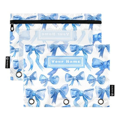Custom Binder Pencil Pouches Personalized Blue Ribbon Bows Watercolor Pen Case | Clear Window 3 Rings, Cosmetic Bags School Office Supplies Cosmetic Makeup Bag 2 Psc - color: Custom-blue Bows
