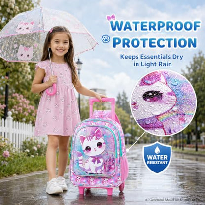 CCJPX 3PCS Rolling Backpack for Girls,Kids Cat Backpacks with Roller Wheels, Wheeled Bookbag with Lunch Box for Toddler Elementary School - color: White Cat