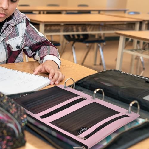 SKYDUE Pencil Pouch for Binder, Pencil Case, 3 Ring Binder Pencil Pouch with 3 Pockets and Mesh Window, Zipper Pencil Pouch, Durable Organizer for School Supplies, Cables, Earbuds, Makeup, Pink - color: Pink