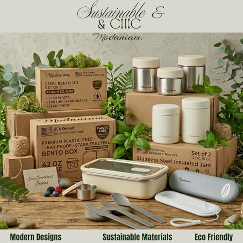 Modaniam Travel Stainless Steel Lunch Containers, Food Jar Travel Containers, Snack Containers, Portable Metal Lunch Box For Yogurt, Oatmeal, Leak Proof, Vanilla - Set of 3 8OZ+16 OZ+ 24 OZ - color: Vanilla: Set of 3 Canisters 8OZ + 16 OZ + 24 OZ