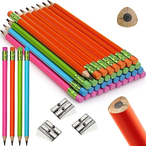 Fainne 48 Pcs Fat Pencils Jumbo Big Thick Large Pencils and 3 Pieces Sharpeners for Kids Beginners Preschoolers Kindergarten School Office Supplies(Multicolor,Triangle) - color: Multicolor, style: Triangle