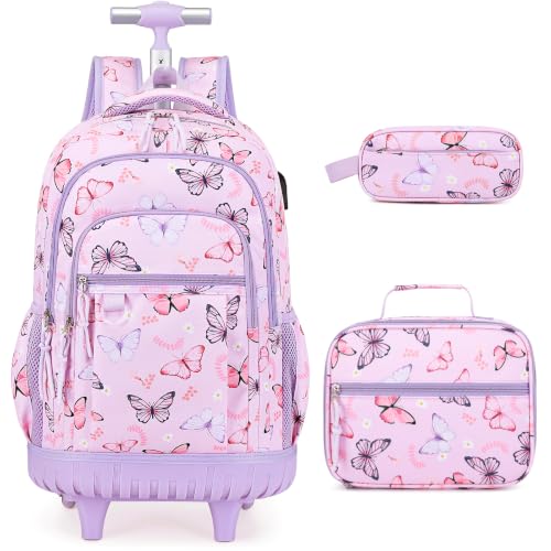 DIGOBAY Rolling Backpack for Girls, Cute Girls Backpack with Wheels, Kids Wheeled backpacks Set with Lunch Bag Pencil Case for Teen Girl, Roller School Bag with Wheels for Elementary Middle School - color: Butterfly