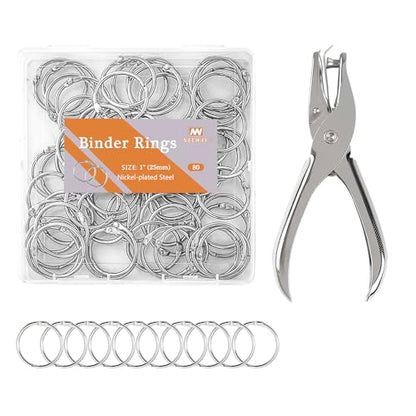 NEEWAY 80pcs Loose Leaf Binder Rings 1 Inch, Paper Rings with 1/4 Single Hole Punch, Metal Book Rings for Index Cards, Sliver