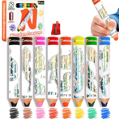 nsxsu Wooden 3 in 1 Jumbo Colored Pencils for Toddlers & Kids, Chunky Washable Crayons, Fat Triangular Coloring Pencil with Sharpener, Easter Basket Stuffers, Easy-Grip Birthday Party Favor - style: Holographic Look