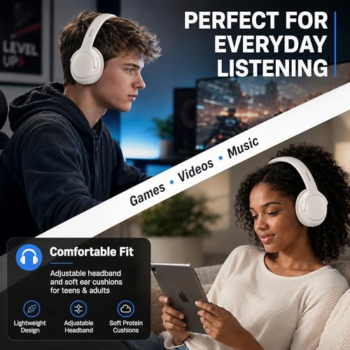 MIDOLA Bluetooth Headphones Over Ear, 68H Playtime Wireless Headphones with Microphone, 6 EQ Modes, HiFi Stereo Deep Bass, Foldable Lightweight Headset for Home Office, Cellphone, PC, White - color: Milk White