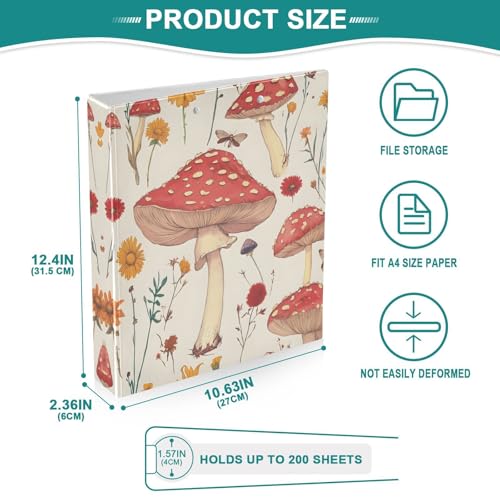 3 Ring Binder with Clipboard, D Rings Holds 200 Sheets, Heavy Duty Binders Folder for School Office, Waterproof PVC Cover with 3 Interior Clear Pockets, Mushrooms