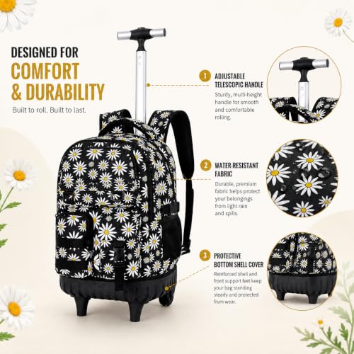WZLVO 3PCS Wheeled Backpack, Water Resistance Girls Roller Bookbag with Wheels, Women Aesthetic Rolling School Bag Set with Lunch Bag & Pencil Bag for Teens & Kids - Black Chrysanthemum - color: 3pcs Girls Rolling Backpack - Black Chrysanthemum