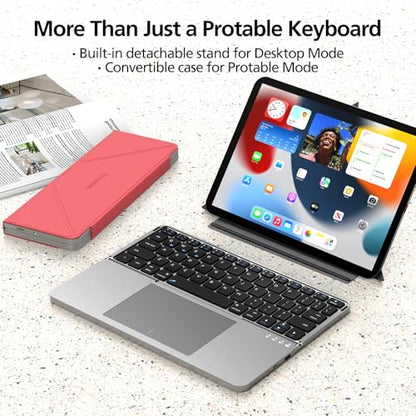 Mircopack Foldable Bluetooth Keyboard with Touchpad and Stand for iPad/iPhone/MacBook,3-Device Ultra Slim PU Leather Magnetic Cover Portable Rechargeable Keyboard for macOS and iOS-Red - color: Red