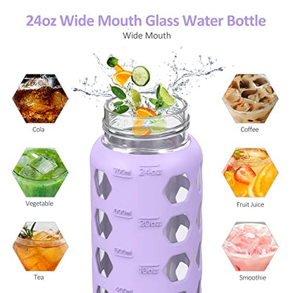 MUKOKO 24oz Glass Water Bottle, Purple | Glass Tumbler with Straw, Drinking Bottles with 2 Lids-Handle Spout Lid & Bamboo Straw Lid, Silicone Sleeve, 1 Pack - color: Purple, size: 24 Ounces