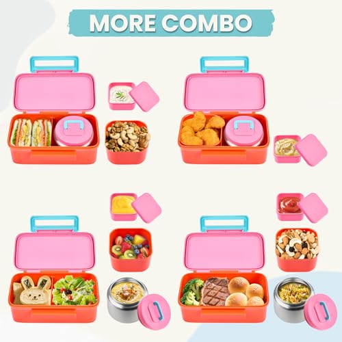 PIQUEBAR Kids Lunch Box with 8oz Thermo, Leakproof Bento Box with Insulated Bag, Kids Insulated Water Bottle with Straw, Food Lunch Container for Back to School Girls, Pink - color: Pink