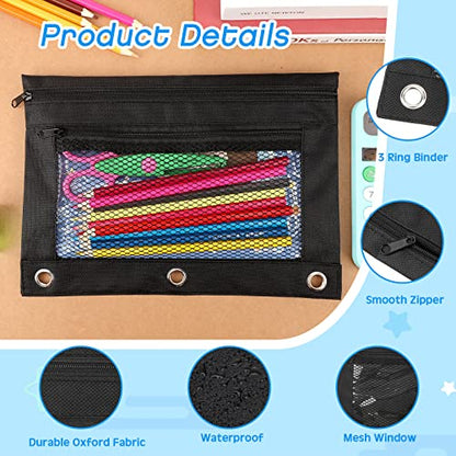 Zhehao 150 Pieces Zipper Binder Pencil Pouches 3 Ring Binder Zipper Pouches Case with Window Ring Pencil Bags Case or Office School Students Supplies(2 Zipper,Full Black) - size: Full Black, style: 2 Zipper