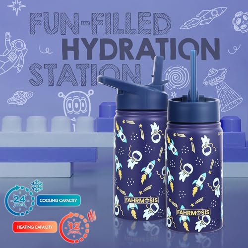 FAHRMOSIS 14 OZ Kids Water Bottle with Straw & 2 Lids (Flip & Spout) Leak Proof Metal Insulated Stainless Steel Reusable Tumbler for School & Sports Water Bottle - Black (Space) - color: Black(Space), style: Water Bottle - 14 OZ