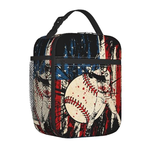 Baseball Stitches American Flag Insulated Lunch Bag, Baseball Sport Lunch Box Tote Cooler Reusable Lunch Pail Adjustable Shoulder Strap and Side Pocket Outdoors Meal Bag For Women - color: Baseball American Flag
