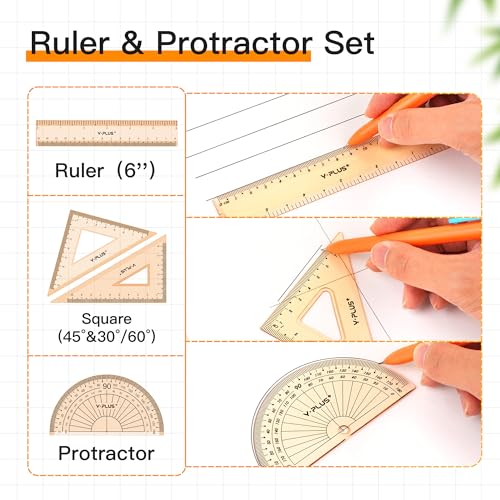 YPLUS Geometry Set, Protractor and Compass Set for Students, 11Pcs | Compass Drawing Tool with Metal Case, Protractor, Formula Card, Rulers, Mechanical Pen, School Supplies for Students - size: 1 Count (Pack of 11)