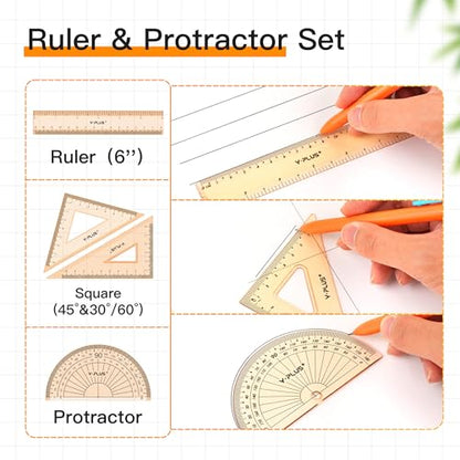 YPLUS Geometry Set, Protractor and Compass Set for Students, 11Pcs | Compass Drawing Tool with Metal Case, Protractor, Formula Card, Rulers, Mechanical Pen, School Supplies for Students - size: 1 Count (Pack of 11)
