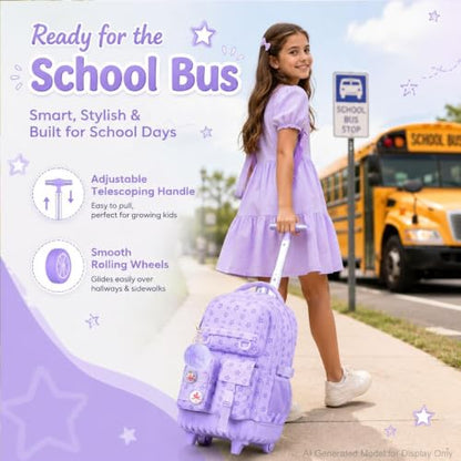 CCJPX 3Pcs Rolling Backpack for Girls, Roller Wheeled School Bookbag, Star Wheels Backpacks with Lunch Box for Kids (Purple) - color: Star Purple