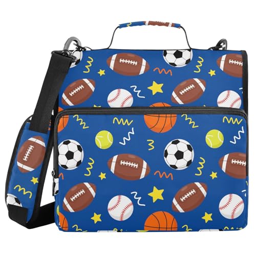 Baseball Football Sports Blue Print 3 Ring Zipper Binder with Shoulder Strap & Handle 1.5 Inch D-Ring Zippered Bagwith Pencil Pouch,Expanding File Folder, Binder Organizer for School or Office - color: Baseball Football Dark Blue