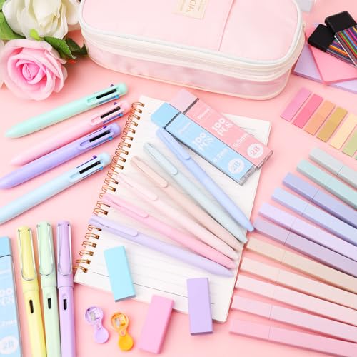 80Pcs Aesthetic School Supplies with Cute Pencil Case, 12 Pastel Highlighters, 4 Multicolor Ballpoint Pens, 6 Gel Pens with Refills, 10 Mechanical Pencils with Leads for Student Stationery Set(Pink) - style: Pink