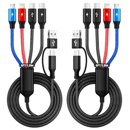 6FT 2Packs Travel 4 in 2 Charging Cable with Dual Type-C Ports, USBA/C Multi Charging Cable for Multiple Devices, Tinned Copper Universal Car Charger for iPhone17-12, Android Tablet Pad and More - color: Multicolored, size: 2Pack 6FT