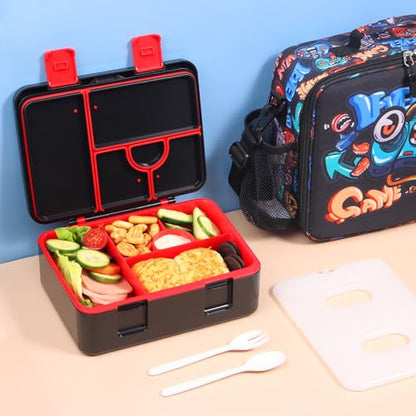 rockpapa Chill Bento Box for Kids- Large 5.5 Cups Lunch Box with Ice Pack - 5 Compartments, BPA-Free, Leak Proof, with Utensils & Portable Handle, Microwave/Dishwasher Safe (Black Games) - color: Black Games