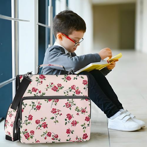 Pink Rose1 Zipper Binder 3 Ring 1.5 Inch School Binder Organizer with Shoulder Strap Handle File Folder Pockets Large Capacity Students Girl Boy Men Office Work - color: Pink Rose1
