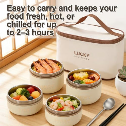 Portable Insulated Lunch Containers, Stainless Steel Bento Box Adult Lunch Box with Insulated Lunch Bag, 4 Separate Stackable Lunch Container for Adult, White… - color: 4 Tier (2L+2S)-Beige
