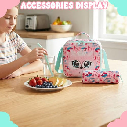Cute Rolling Backpack for Girls,Lightweight Kids Backpack with Wheels,Wheeled School Bookbag with Pencil Case Lunch Box for Students - color: Pink Fox