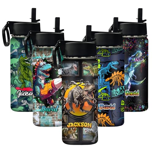 Personalized Children Name Water Bottles with Straw Lid, Customized Dinosaur Insulated Stainless Steel Waterbottle with Name, Travel Cup for Boys School Holiday - color: Color 11