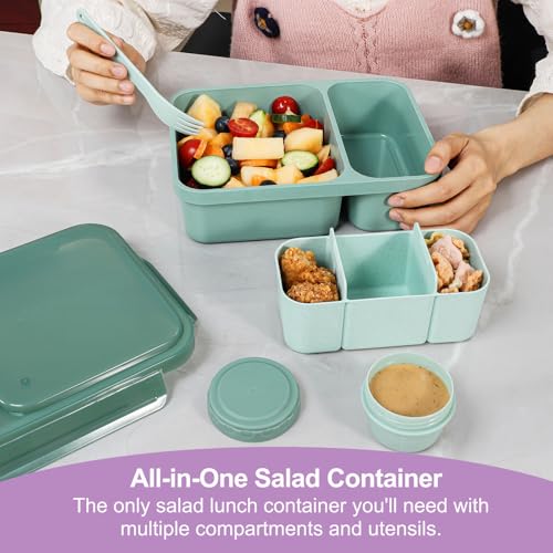 Caperci 2 Pack Salad Containers - Extra-Large 62 oz Bento Lunch Box for Adults, 2-Compartment Meal Prep Container with Removable Toppings Tray, Sauce Cup, Reusable Fork, BPA-Free (Purple & Green) - color: Khaki Green & Purple
